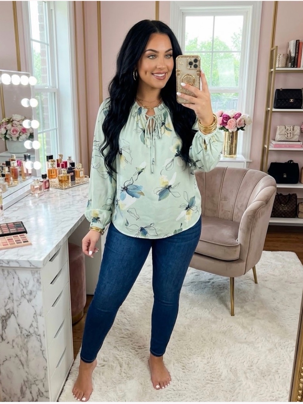 A NEW DAY Floral Tie-Neck Long Sleeve Top - Light Mint Green